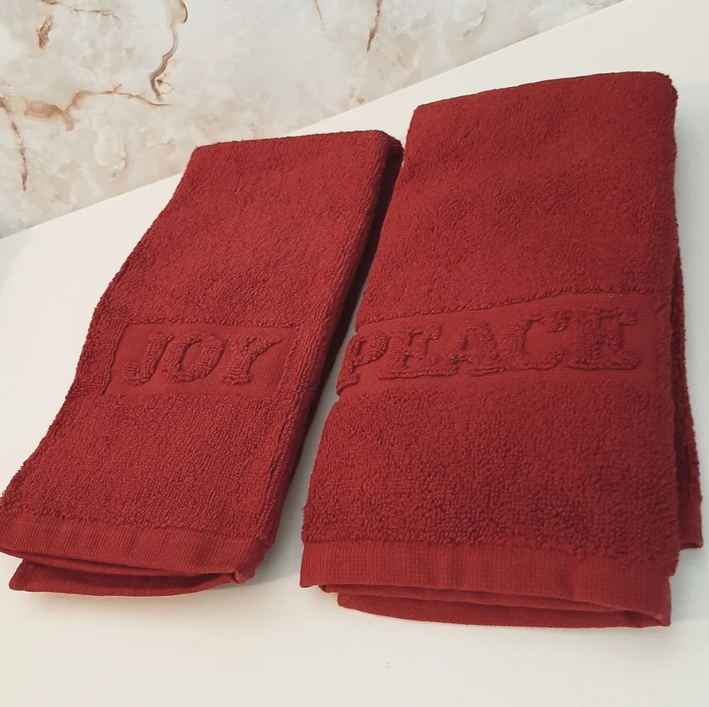**Pottery Barn Cardinal Red Joy Peace Guest Towels - Set of 2 Towels